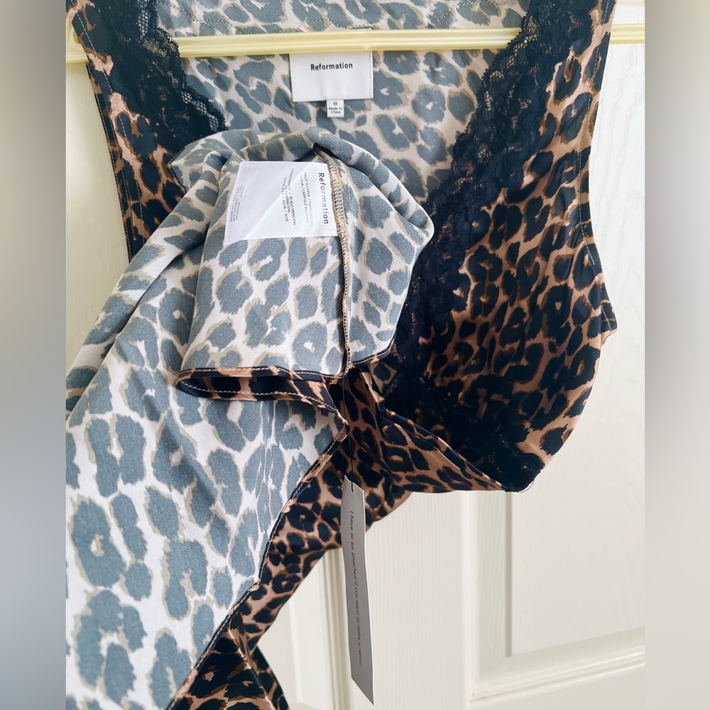 NWT- Reformation Belva Silk Dress in Leo Brown Leopard Black Lace Mini Dress - Picture 10 of 11